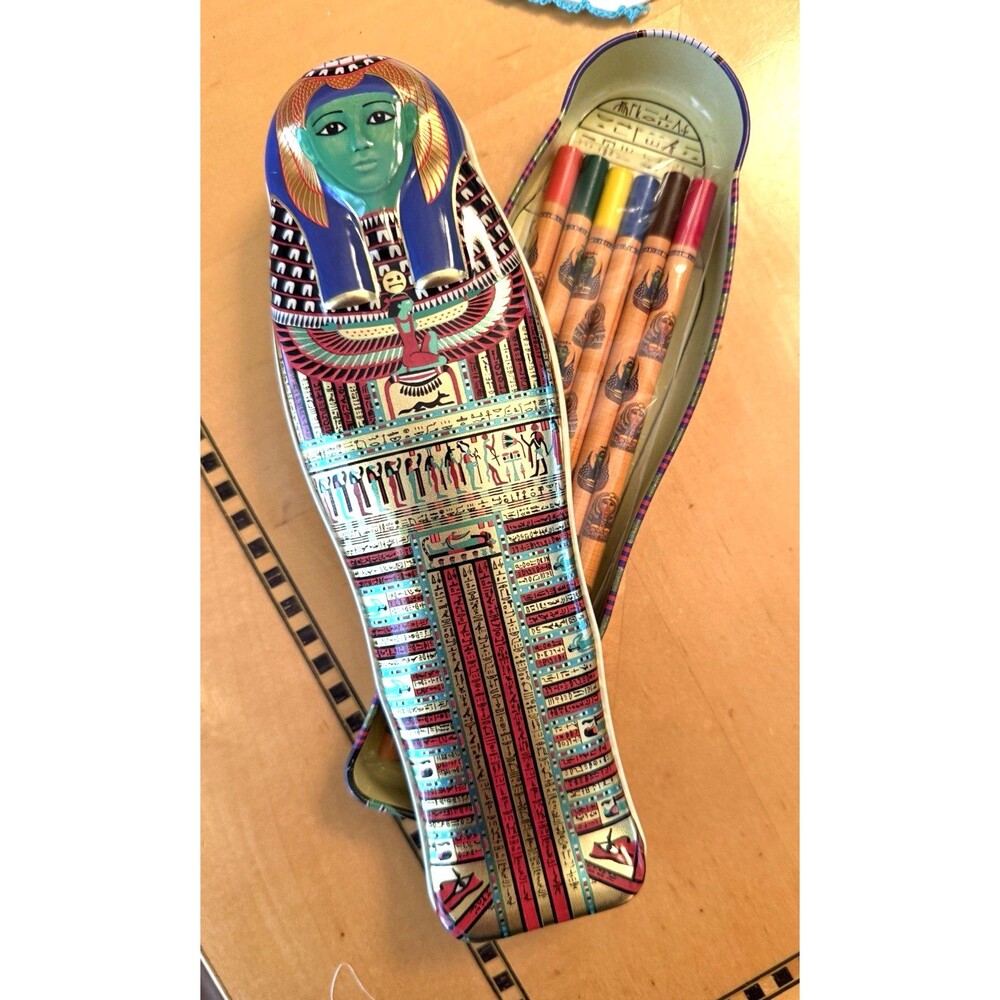 Decorated Egyptian Pencil Tin Mummy Case with 6 NEW Decorated Colored Pencils